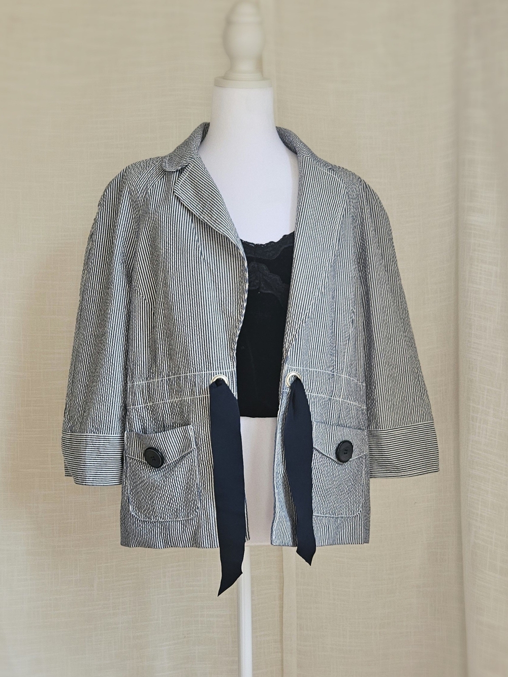 Willi Smith Coastal Seersucker Blue White Striped Utility Blazer Jacket Size L - Picture 2 of 12